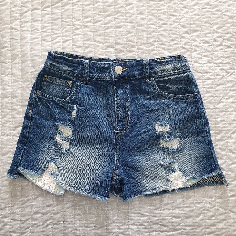 Justice Distressed Girl's Denim Shorts Size 14 With Sequin Pocket Frayed Edge
